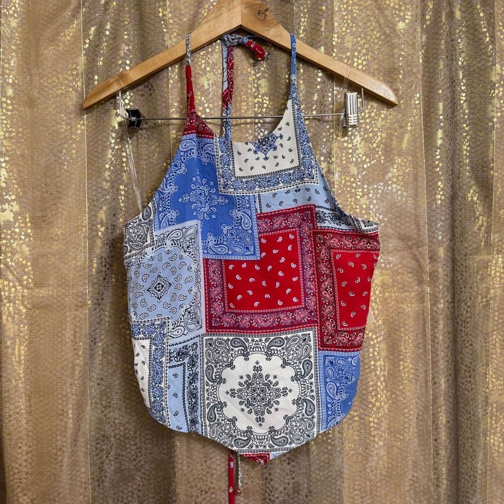 Pie In The Sky Blue Red White Paisley Patchwork Bandana Halter Top Large NWT